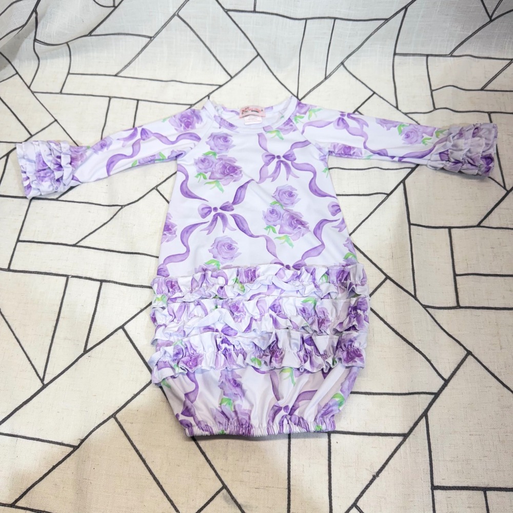 Clover Cottage Apparel Baby Gown 0-3M Purple Rose Ribbon Bamboo Ruffle Sleepwear
